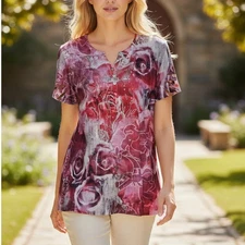 Style & Co Women’s L Floral Sublimated V-Neck T-Shirt Red Pink White Studded Top