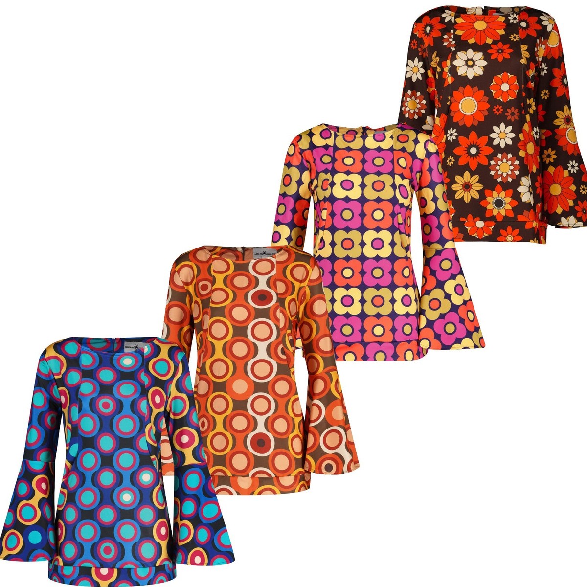 MADCAP WOMENS BELL SLEEVE TOP 70s Retro Boatneck Flared Vintage