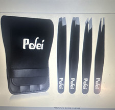 Pefei Black Stainless Steel Tweezer Set 4pcs Slant Pointed w/ Case 3.77in