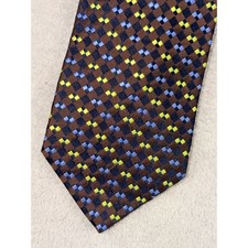 Paul Fredrick Mens Silk Necktie Brown Blue Lime Green Geometric Diamond Pattern