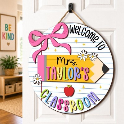Custom Teacher Pencil Bow Door Sign   Classroom Welcome Gift