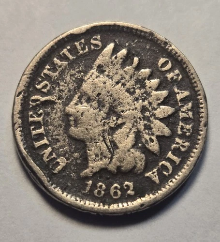 1862 Indian Head Cent 1c Penny, Good G Details, Env Damage - Exact Coin Shown
