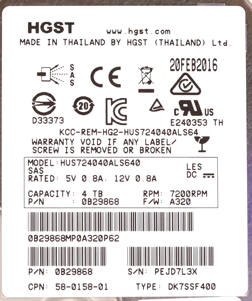 Unidad SAS HGST HUS724040ALS640 4 TB 3,5" 6 Gb/s 7,2 k RPM P/N: 0B29868 probada Foto 2 de 2