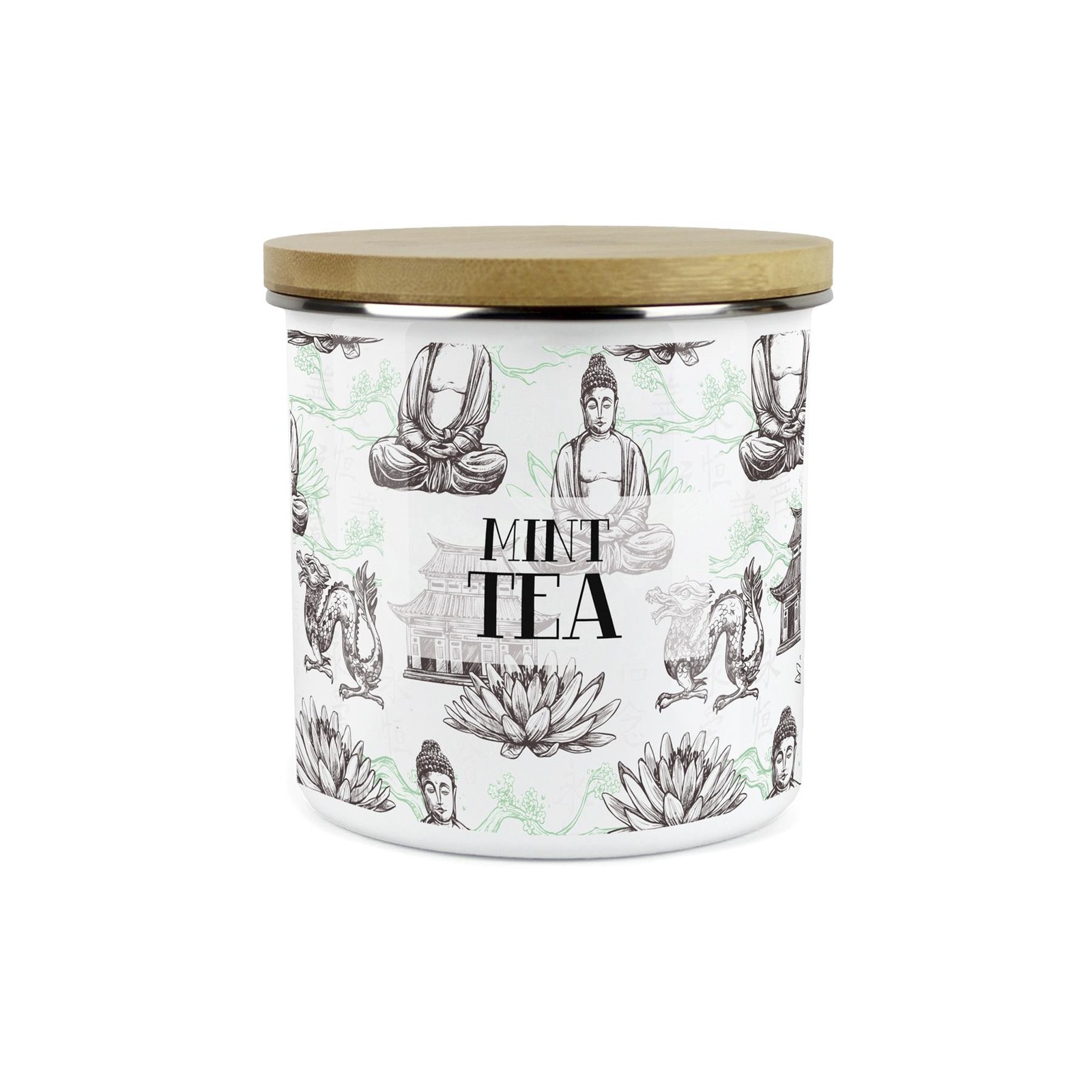 Mint Tea Storage Canister - Oriental Scene Enamel Kitchen Storage Jar