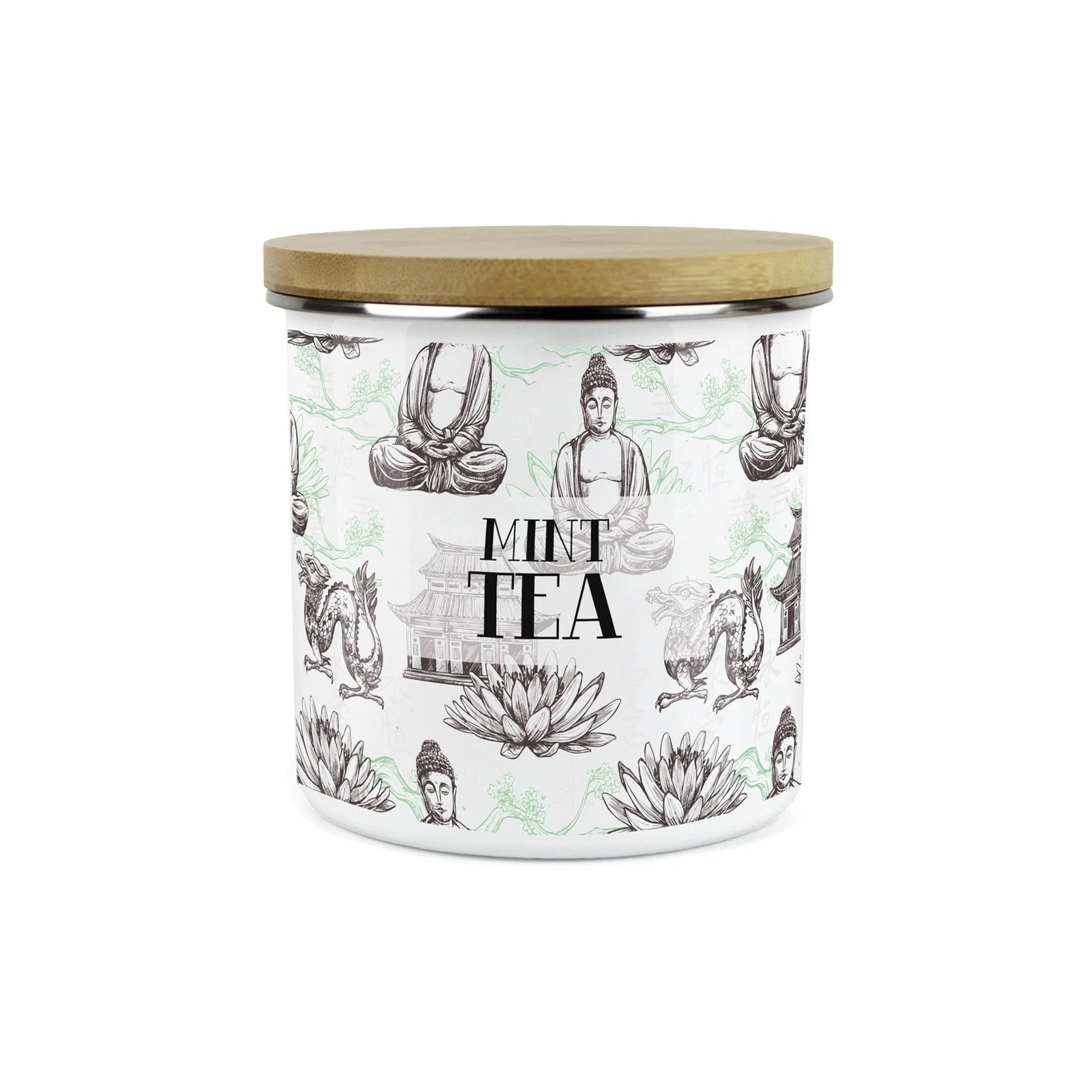 Mint Tea Storage Canister - Oriental Scene Enamel Kitchen Storage Jar