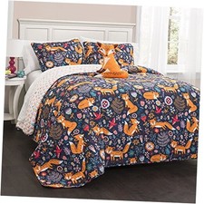 Pixie Fox Quilt Reversible 4 Piece Bedding Set-- Full/Queen Navy