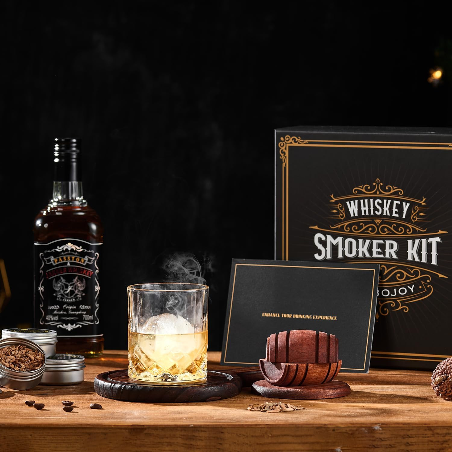 Whiskey Smoker Kit with Torch - 6 Flavors Wood Chips, 2 Glasses, 2 Ice Ball Mold