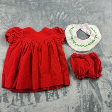 Vintage Bright Red Velvet Dress Baby Girl Christmas Set Size 0-6 Months