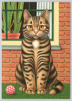 Postcard Cat with Ball Tabby Illustrated Art Erno Tromp 1983 Dutch Artist