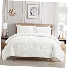 Velvet Jacquard Comforter Set, Velvet Jacquard Face and Brushed Queen White