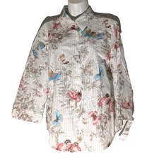 Alfred Dunner Butterfly Button Down Women's Top Size 12 Floral Striped, White