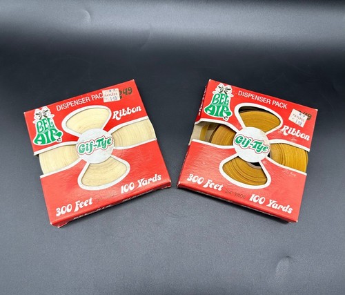 Vintage Gift Ribbon Bel Air Dispenser Pack USA Gold White Original Box Christmas