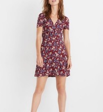 Madewell Wrap Front Mini Dress In Antique Floral Burgundy Size 8 Short Sleeve