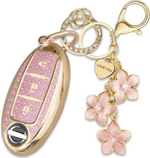 Pink TPU Key Fob Cover with Sakura Flower Keychain Compatible with Nissan Rogue