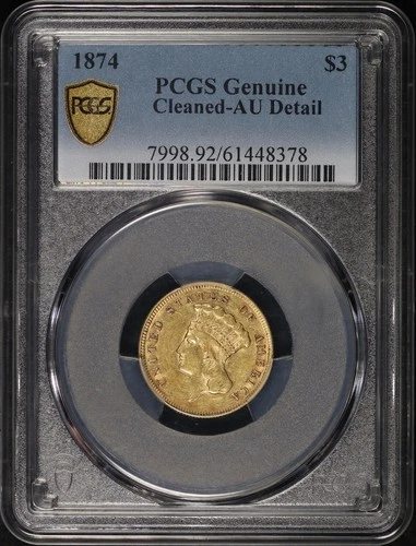 1874 $3 Indian Princess Head Gold Three Dollar PCGS AU Details Cleaned