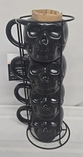 Black Skull Ceramic Mugs Stackable Halloween Gothic 3D  4 Mugs with Wire Holder