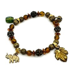 Vintage Bronze Tone Mixed Media Beaded Charm Bracelet Elephant Leaf Boho Retro