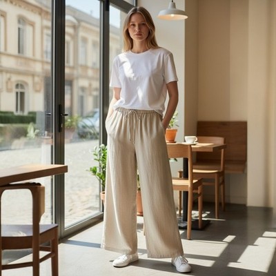 NWT Lillusory Wide Leg Pants Women Large Beige Linen Rayon Boho Elastic Lounge