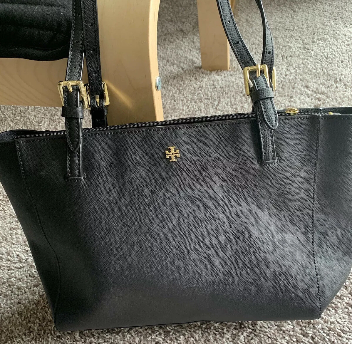 Tory Burch Large Black Saffiano Leather York Buckle Tote 