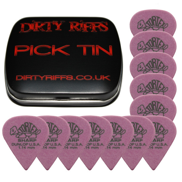 12 x Dunlop Tortex Sharp Guitar Picks / Plectrums - 1.14mm Purple In A Pick Tin