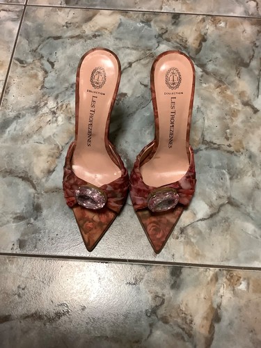 Les Tropeziennes Collection Floral Chiffon Leather Stone Slides Heels 4” 6/36
