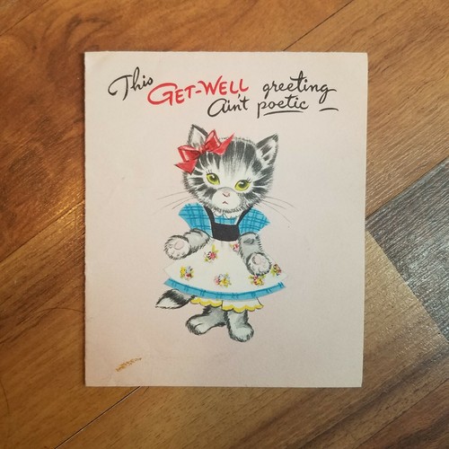 Anthropomorphic cat in a dress tear bucket get well by
