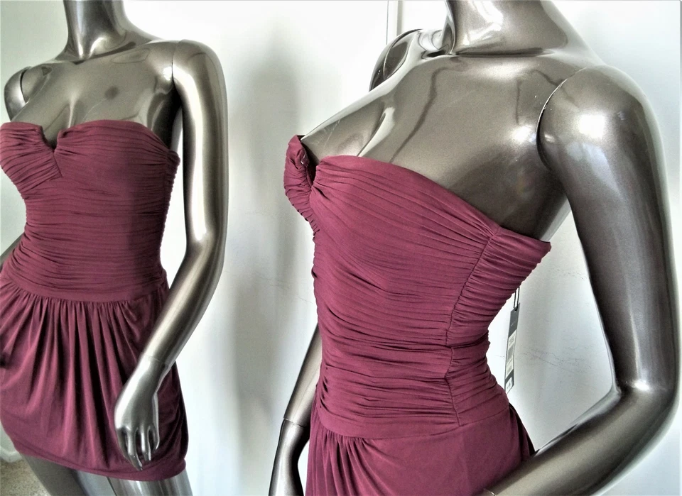 NUEVO CON ETIQUETAS-BCBG MAX AZRIA BORGOÑA PLISADO SIN TIRANTES BODYCON MINI VESTIDO TALLA-0 MSP $278 Foto 3 de 4