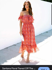 VICI Women's Red Santana Floral Tiered Off Shoulder Flowy Midi Dress Sz XS