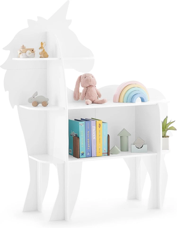 Librería blanca con forma de unicornio niños niños varios niveles juguetes estantes dormitorio Foto 4 de 4