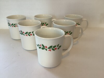 6 VTG Winter Holly Christmas Coffee Cups Corning Milk Glass Hot Chocolate Mugs