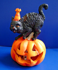 NOS JACK O LANTERN PUMPKIN 6" RESIN FIGURINE BLACK CAT w/PARTY HAT LIGHT UP