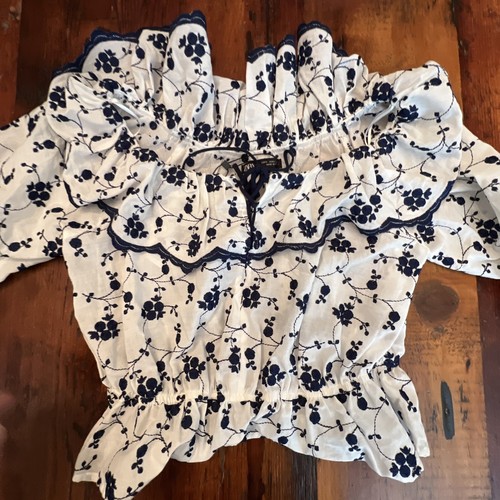 ZARA Blouse Women’s Embroidered boho 1/2 sleeve crop top White Blue Small NEW