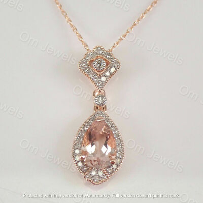 2Ct Pear Cut Morganite Diamond Teardrop Pendant 14k Rose Gold Finish Free Chain