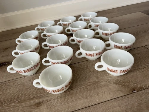 Lot Of 17• VTG • Pyrex Copper Brown White Filigree Coffee Tea Cup Mug Milk Glass