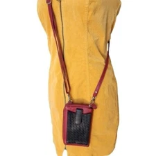 Leather Wallet With Sholder Strap Compact Red & Black Phone Holder