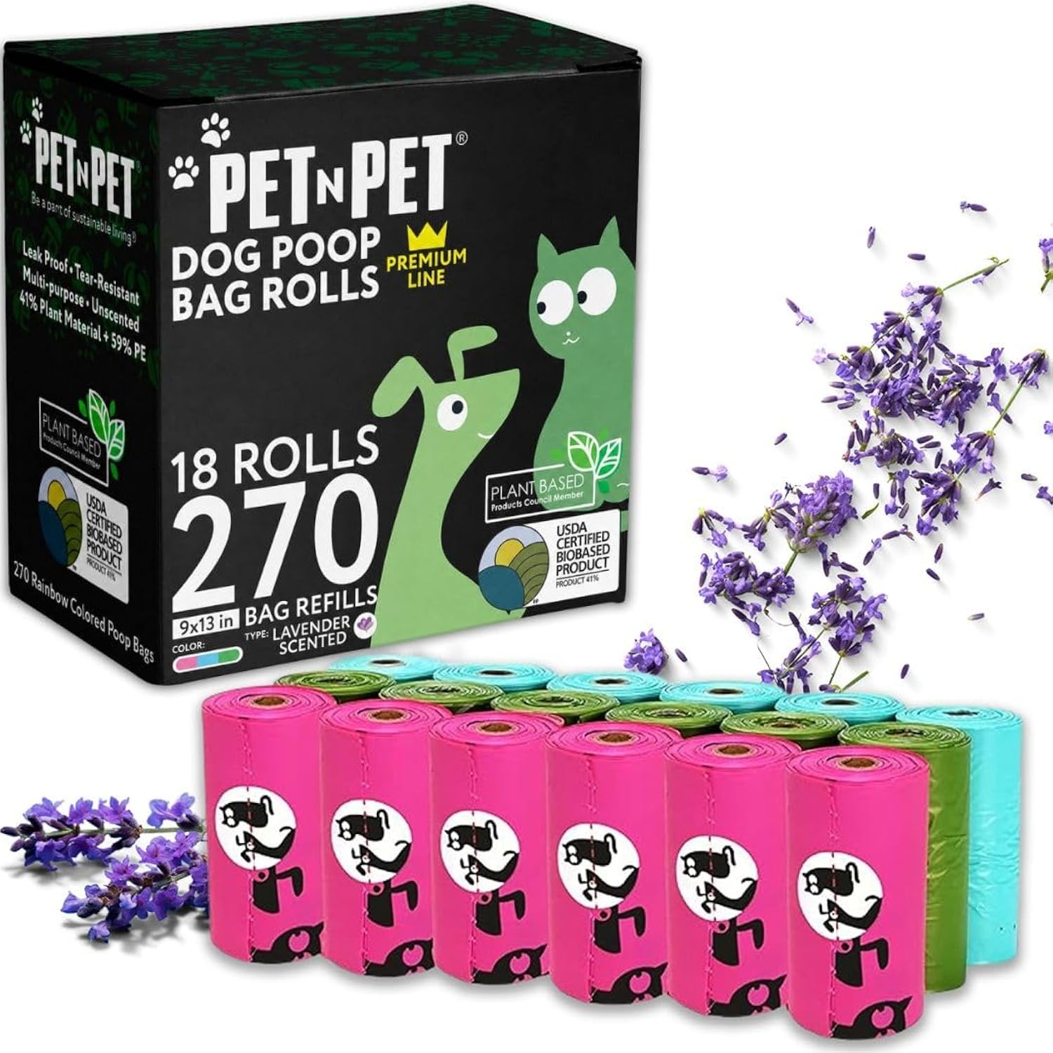 Biodegradable Dog Poop Bags 270 Count Lavender Scented 18 Rolls Leak-Proof