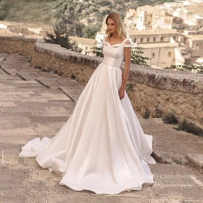 civil bridal dresses Modest Civil Short Sleeves A-Line Wedding Dress Simple Casual V-Neck Low-V  Back Floor Length Bridal Gown with Train main image 1