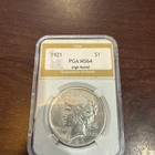 US 1921 P Peace Silver Dollar PGA MS 64 High Relief Key Date BU White $1.00