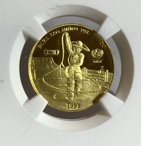 1999 MEXICO GOLD 20 PESOS UNICEF CHILD WITH LASSO NGC PF UL CA, PROOF COIN