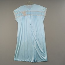 Vintage Vanity Fair Robe Womens M Blue Nylon Embroidered Bow Button Front