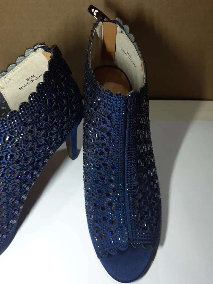 Women's Navy Blue Sparkly Rhinestone Ankle Boots Peep Toe Sz.6.5 New! - Image 3 of 4