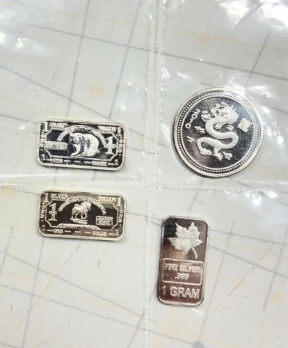 Lot of 4 1-Gram Silver Bars and Coin, Horse, Bear, Maple Leaf, Dragon designs