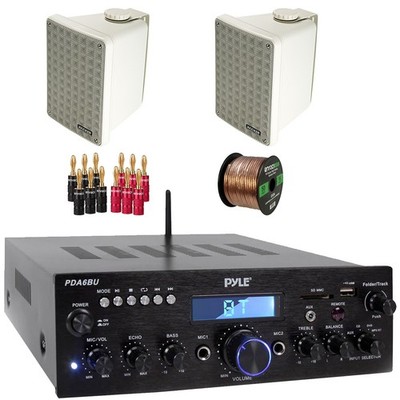 Pyle 200W Bluetooth Mini Amplifier Receiver, 2x 6.5'' 150W Speakers, Banana Plugs