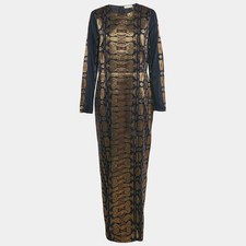Tory Burch Navy Blue Lurex Jacquard Long Sleeve Maxi Dress L