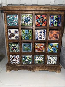 Wood Ceramic Apothecary Storage Chest 16 Drawer Hand Painted Tea Spice Caddy