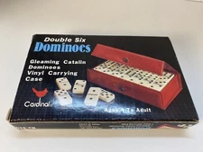 Dominoes Cardinal 28 Ivory White Pieces w/Red Vinyl Case + instructions+orig box