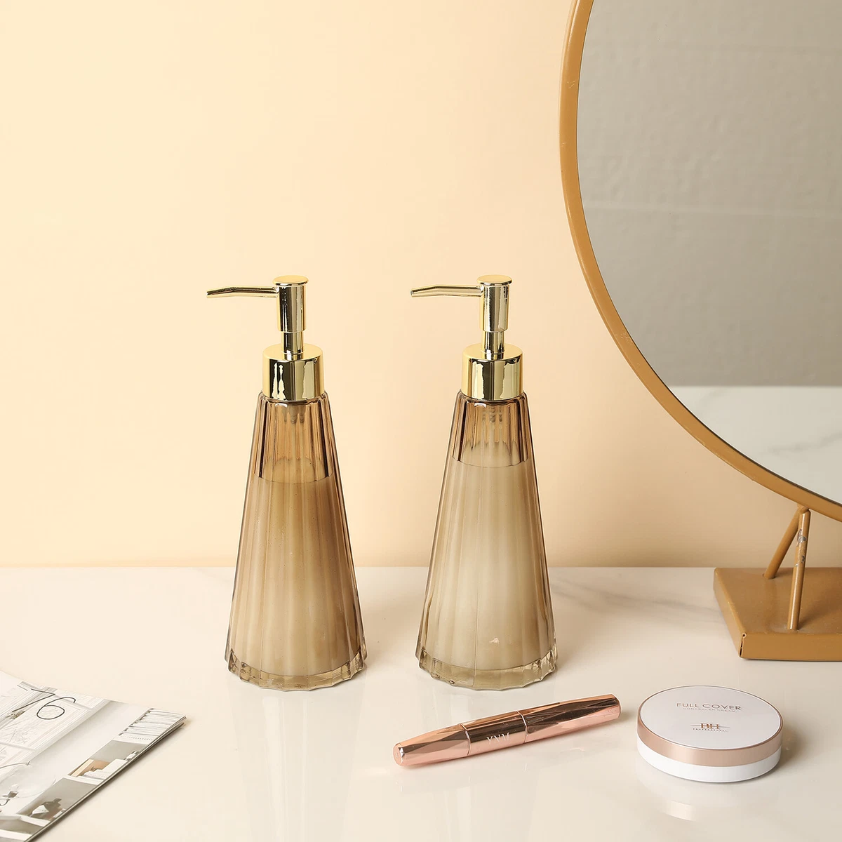 Countertop Gray Smoked Glass and Brass Liquid Soap Pump Dispenser Set of 2
