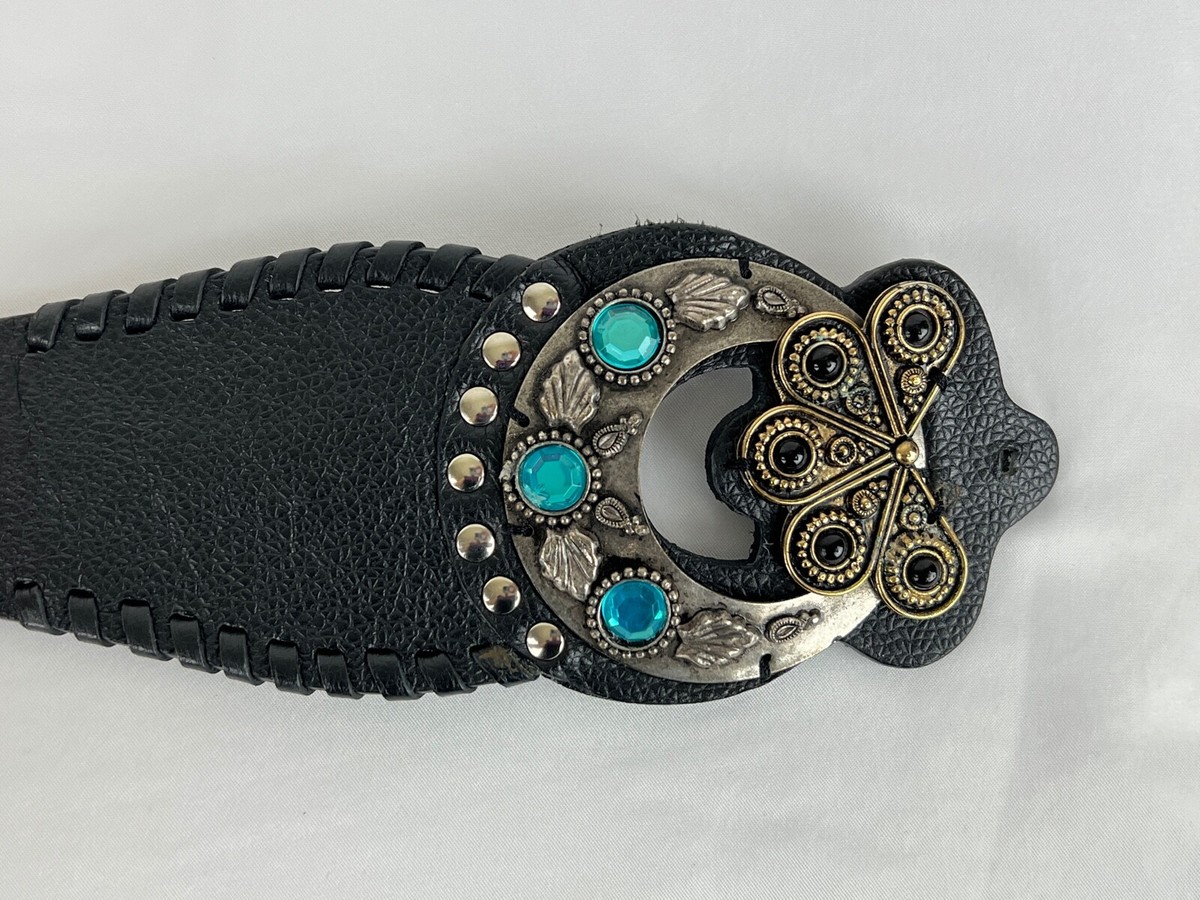 Chicos Wide Adjustable Black Leather Belt Silver Gold  display picture 1