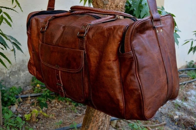 Sac fourre-tout en cuir véritable pour hommes aspect vintage sac de voyage sa... - Photo 4/4