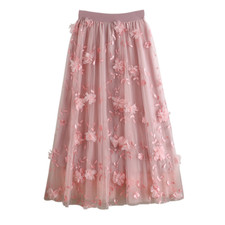Ladies 3D Floral Mesh Skirt Embroidered Solid Big Swing Elegant Fairy Party Chic